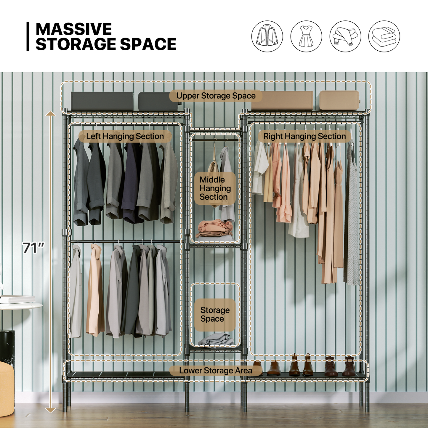 Carbon Steel Adjustable Clothes Rack - 67'' Length