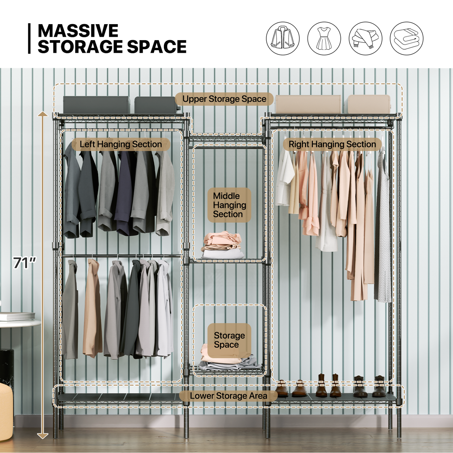 Carbon Steel Adjustable Clothes Rack - 71'' Length