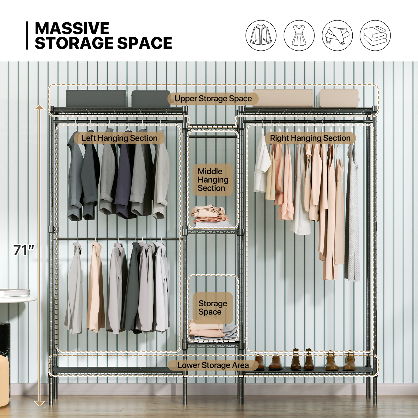 Carbon Steel Adjustable Clothes Rack - 75'' Length