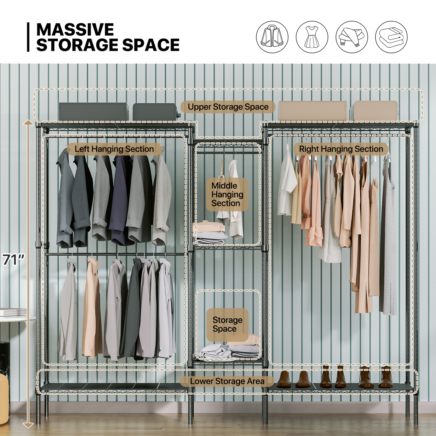 Carbon Steel Adjustable Clothes Rack - 87'' Length