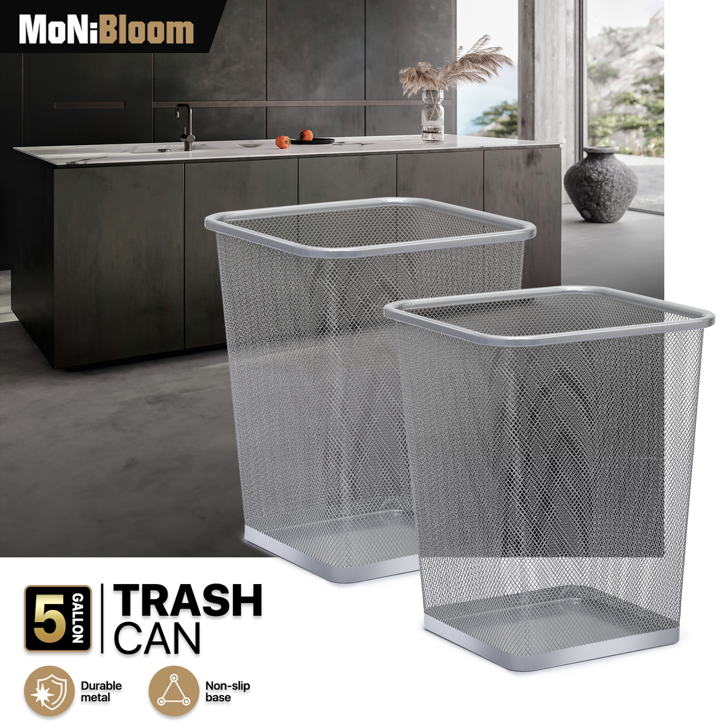 5 Gallon Trash Can - 2 Pieces - Rectangle Mesh Metal - Open-Top