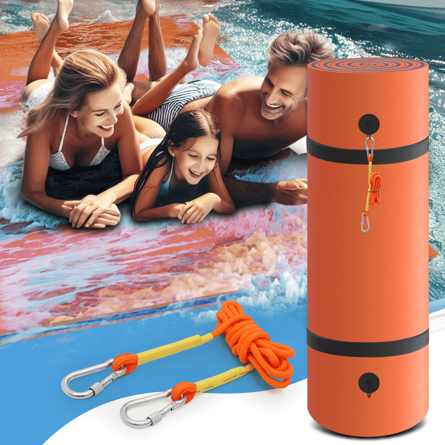 Floating Mat - (L)8.0' (W)6.0' - XPE Foam 3-Layer - w/ 10' Elastic Tether - 770lbs Capacity