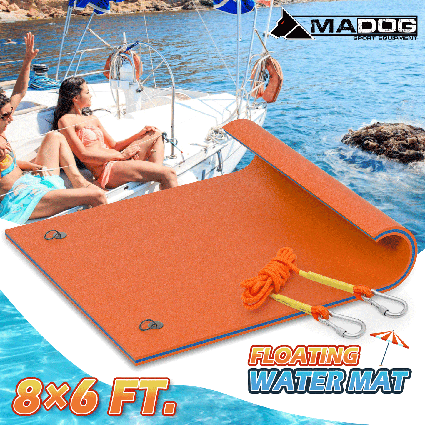 Floating Mat - (L)8.0' (W)6.0' - XPE Foam 3-Layer - w/ 10' Elastic Tether - 770lbs Capacity