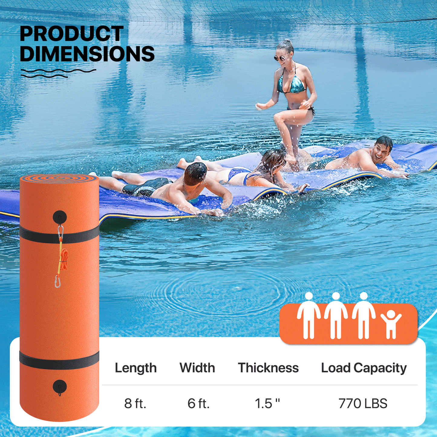 Floating Mat - (L)8.0' (W)6.0' - XPE Foam 3-Layer - w/ 10' Elastic Tether - 770lbs Capacity