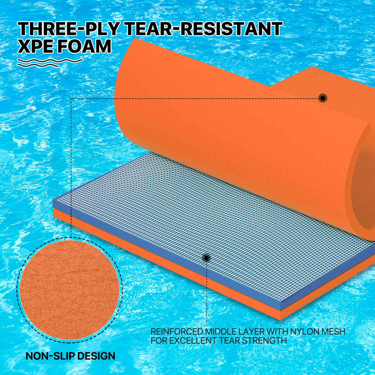 Floating Mat - (L)8.0' (W)6.0' - XPE Foam 3-Layer - w/ 10' Elastic Tether - 770lbs Capacity