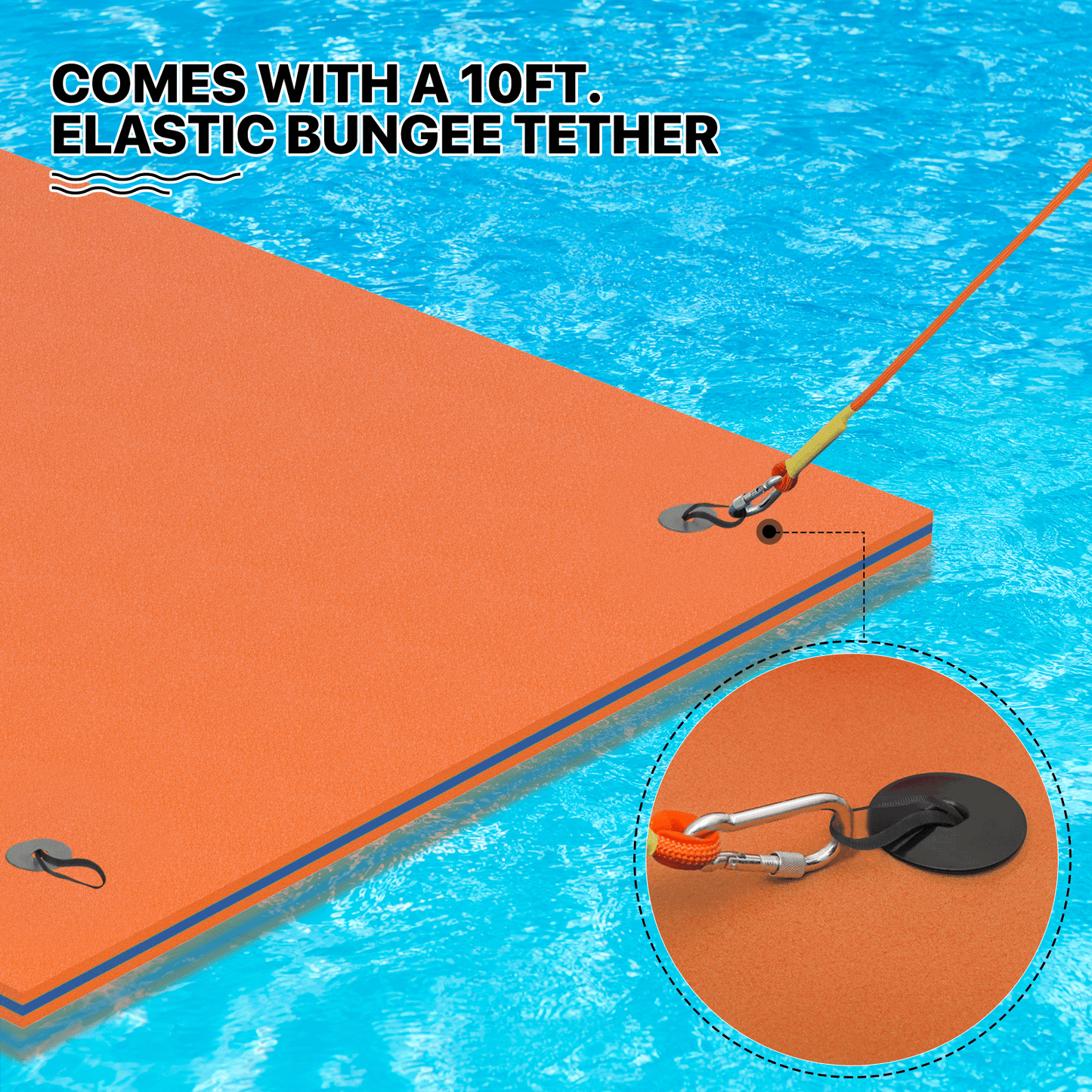 Floating Mat - (L)8.0' (W)6.0' - XPE Foam 3-Layer - w/ 10' Elastic Tether - 770lbs Capacity