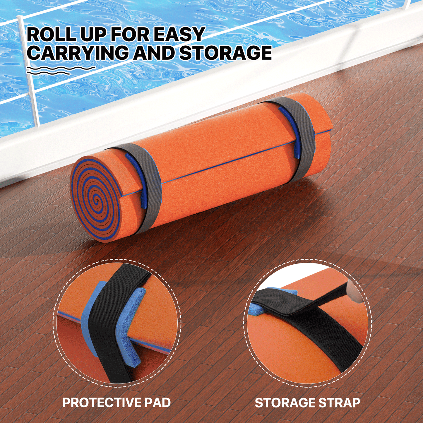 Floating Mat - (L)8.0' (W)6.0' - XPE Foam 3-Layer - w/ 10' Elastic Tether - 770lbs Capacity