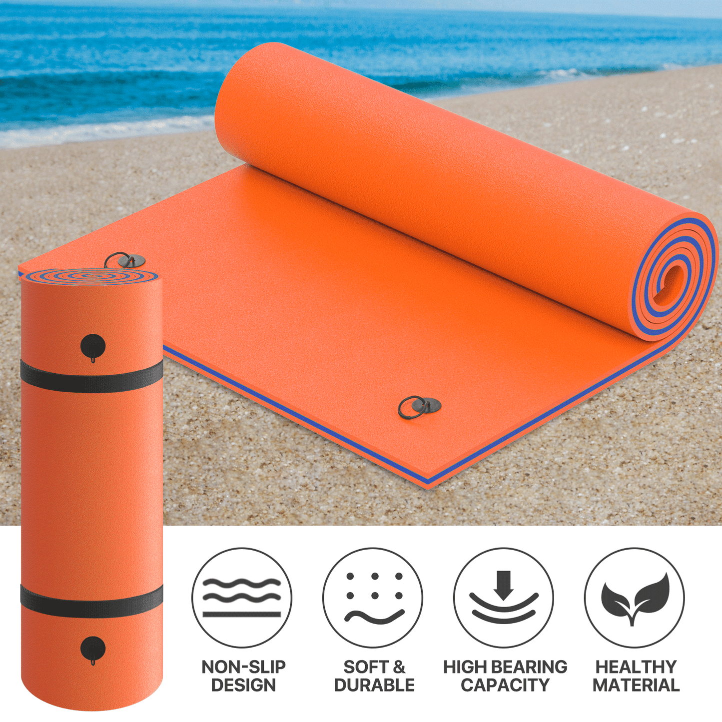 Floating Mat - (L)8.0' (W)6.0' - XPE Foam 3-Layer - w/ 10' Elastic Tether - 770lbs Capacity