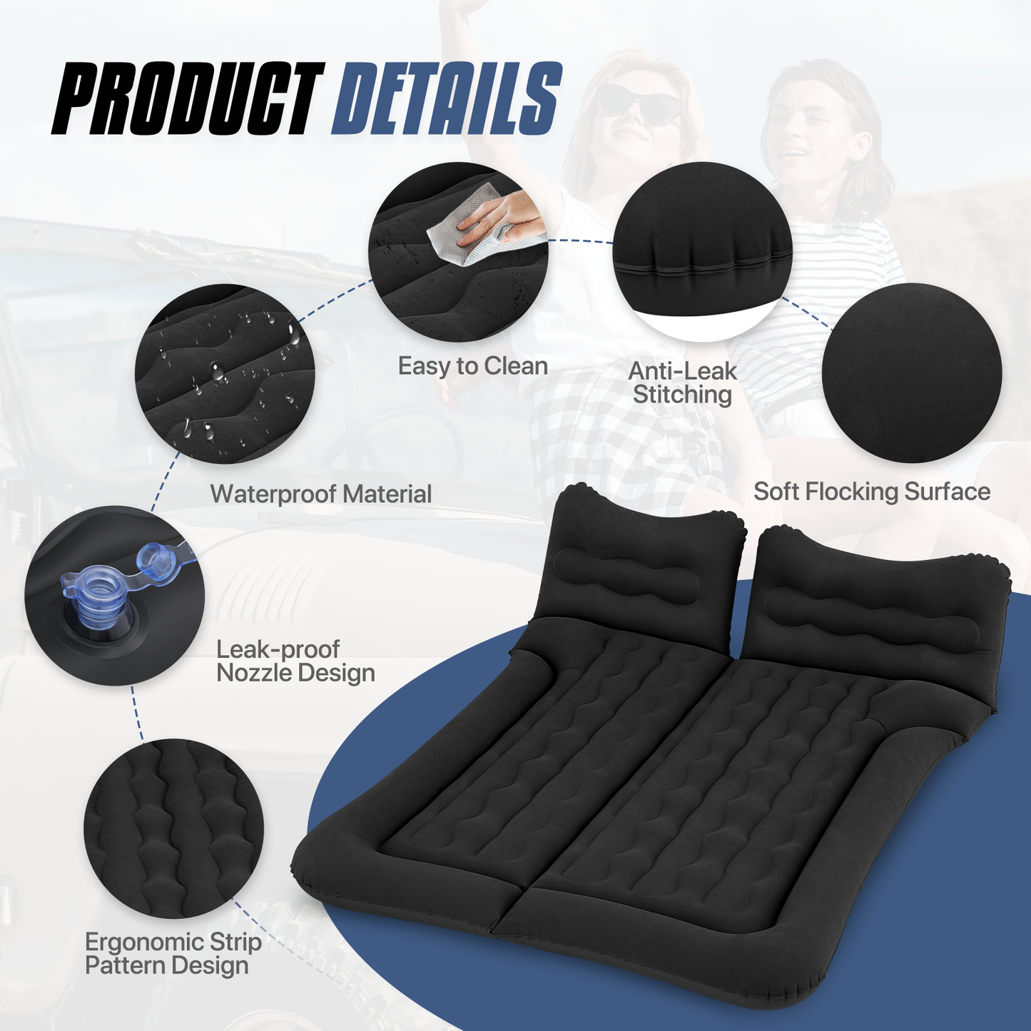 Flocking Surface Inflatable Car Mattress - 53''*50''*15''