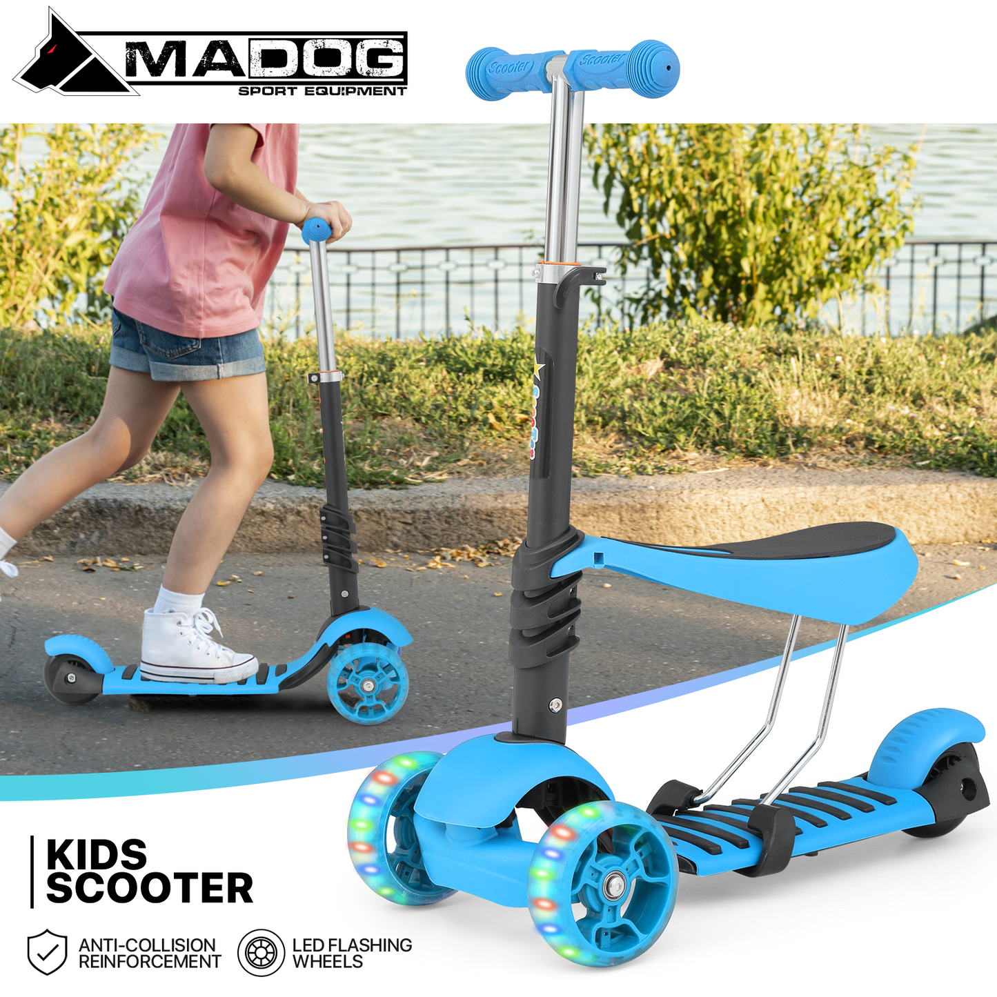 Kids Kick Scooter - 3 LED Wheels - Adjustable Height Handlebar - Removable Seat
