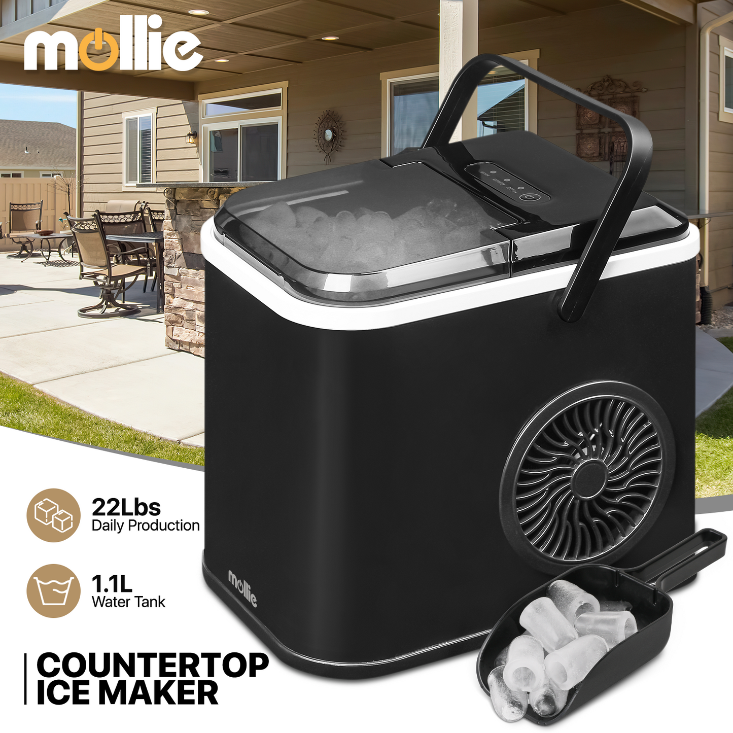 Ice Maker Machine - 1.1L Storage Tank - Bullet Shape - 22lbs/ 24hrs - with Scoop