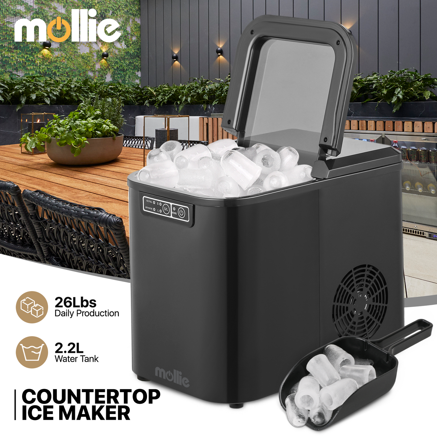 Ice Maker Machine - 2.2L Storage Tank - Bullet Shape - 22lbs/ 24hrs - with Scoop