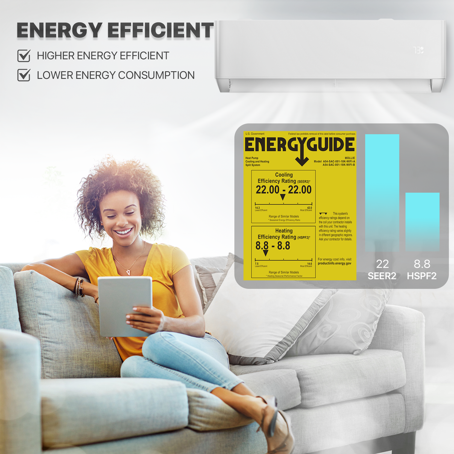 18000 BTU Split Air Conditioner - Cooling & Heating Function- WIFI APP Control - 4-in-1 filter