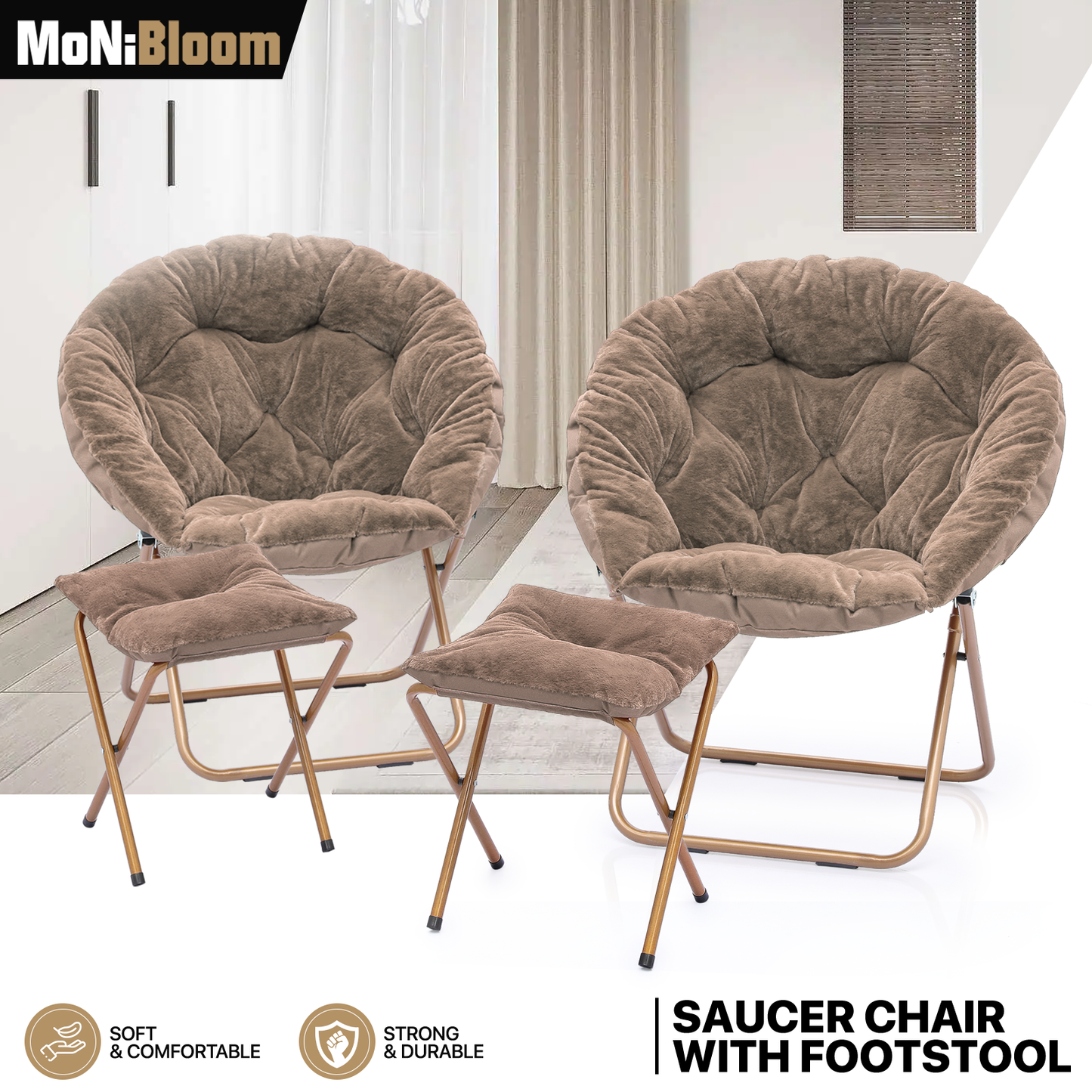 2 PCS Cozy Chair + Ottoman - Round - Faux Fur - Gold Frame