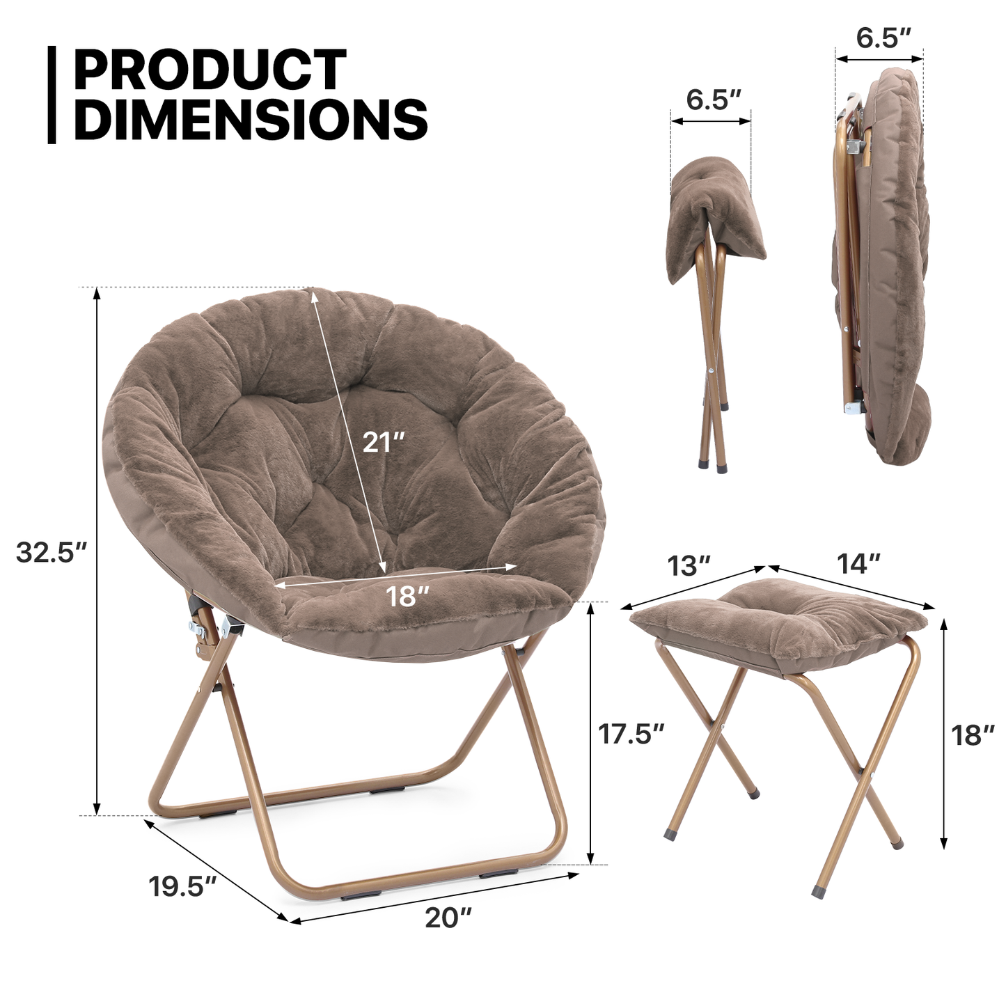 2 PCS Cozy Chair + Ottoman - Round - Faux Fur - Gold Frame