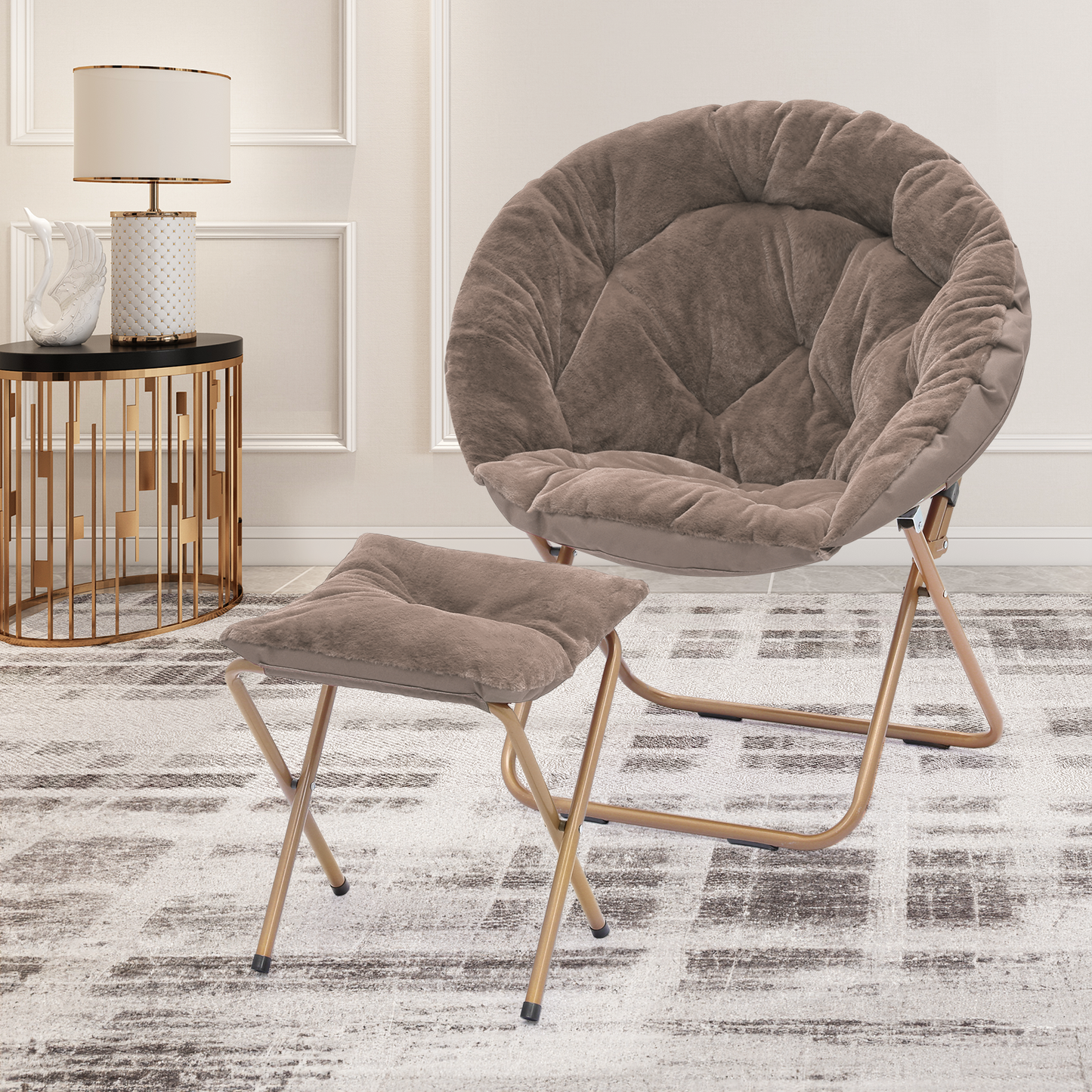 2 PCS Cozy Chair + Ottoman - Round - Faux Fur - Gold Frame