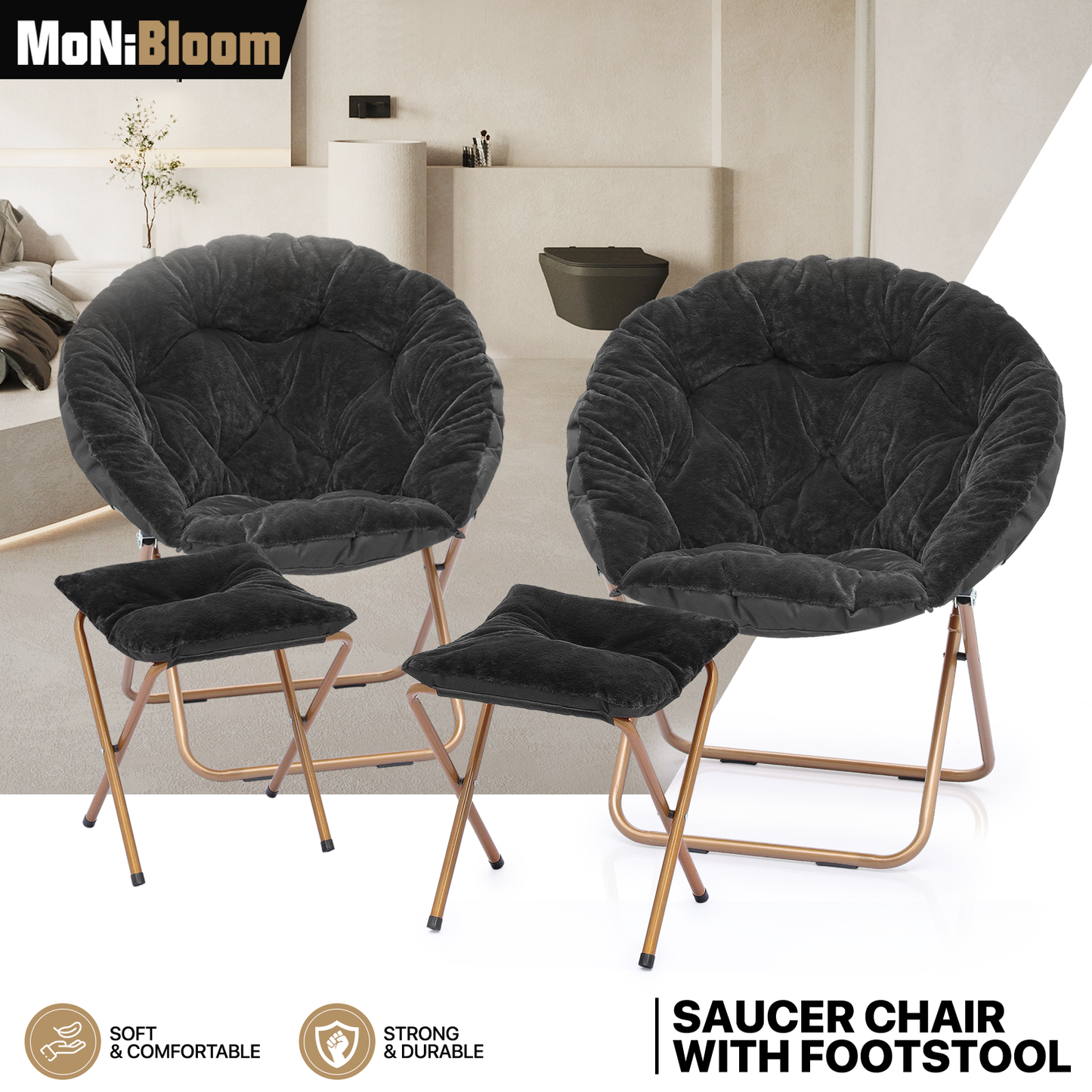 2 PCS Cozy Chair + Ottoman - Round - Faux Fur - Gold Frame