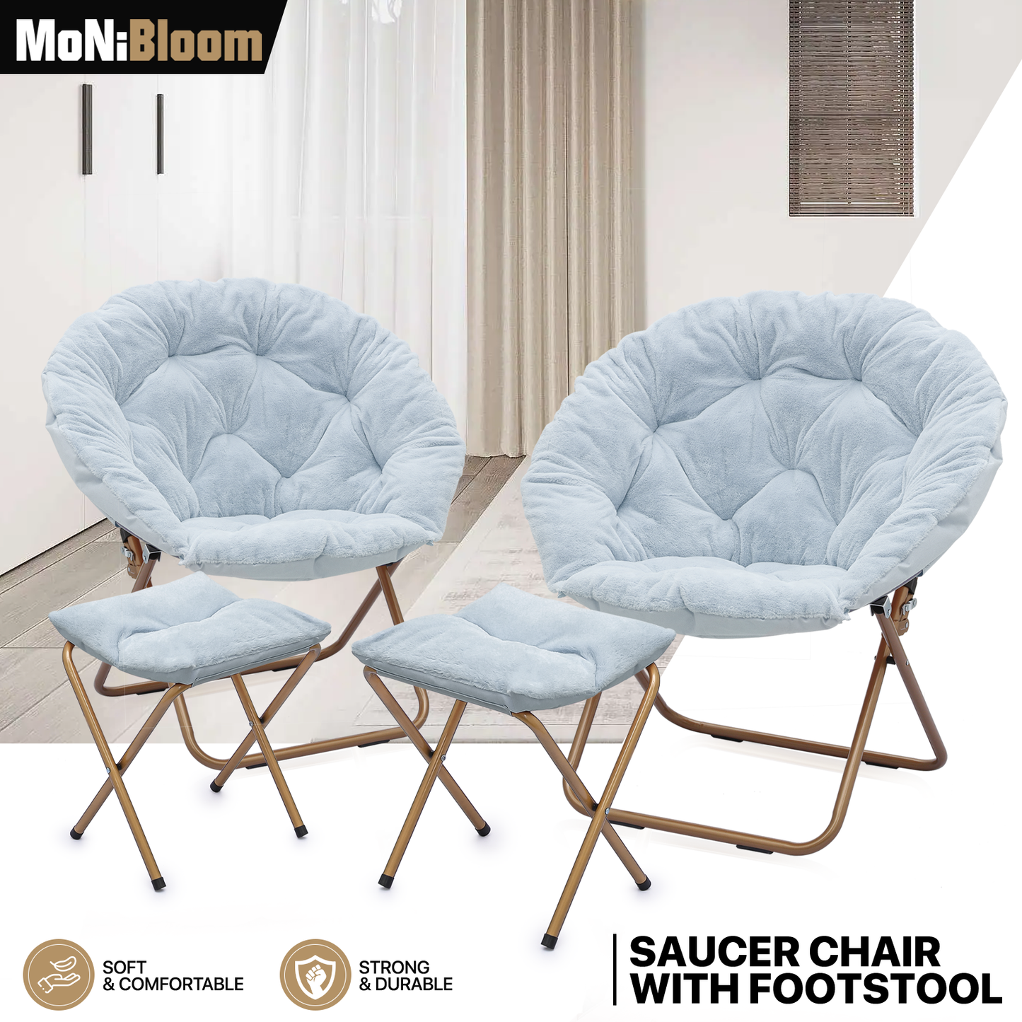 2 PCS Cozy Chair + Ottoman - Round - Faux Fur - Gold Frame