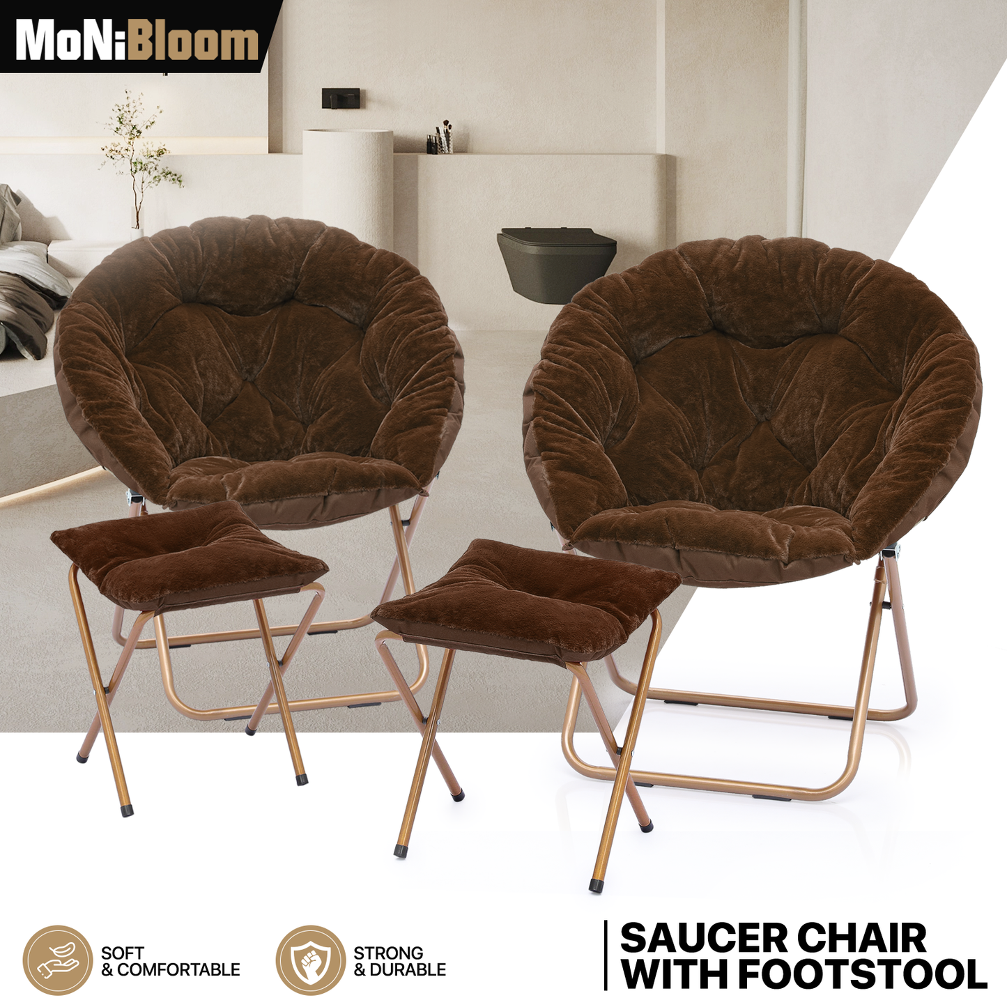 2 PCS Cozy Chair + Ottoman - Round - Faux Fur - Gold Frame