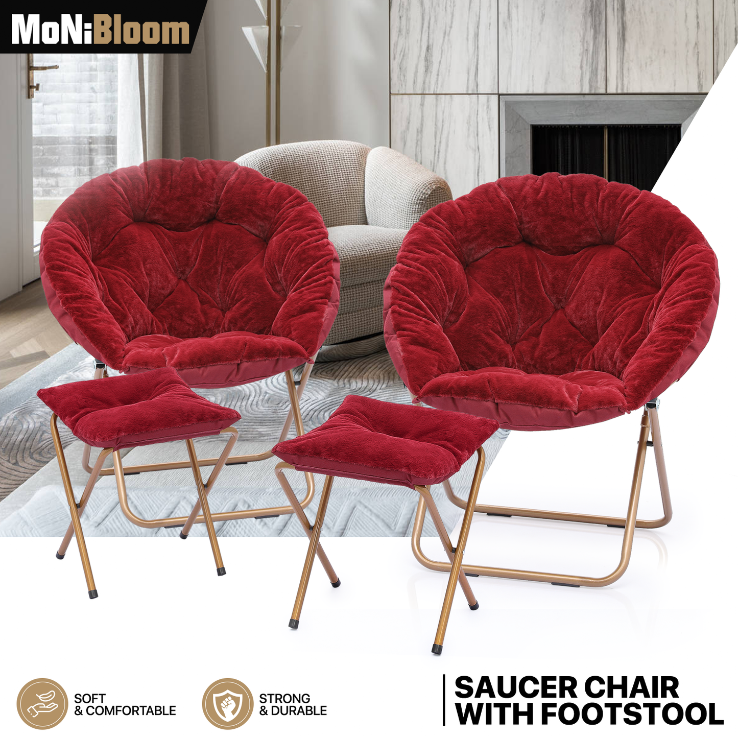 2 PCS Cozy Chair + Ottoman - Round - Faux Fur - Gold Frame