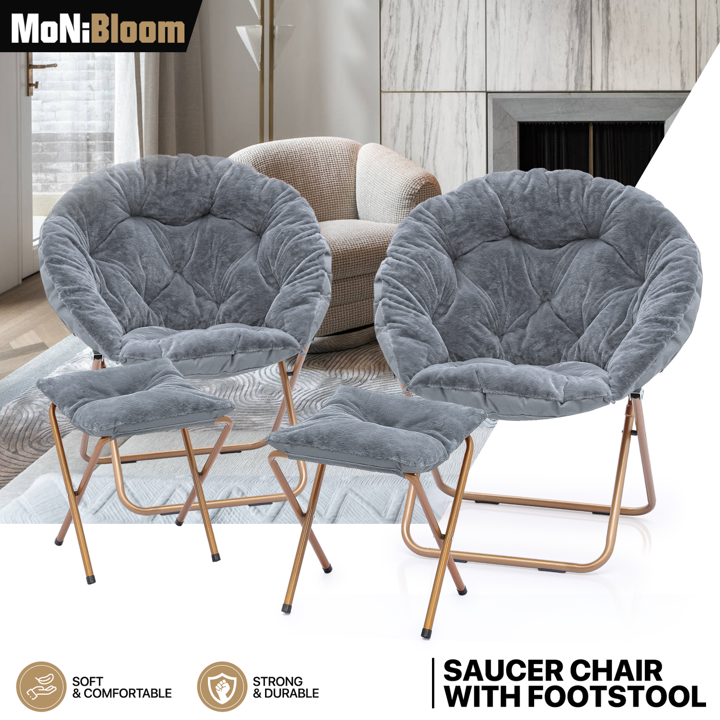 2 PCS Cozy Chair + Ottoman - Round - Faux Fur - Gold Frame