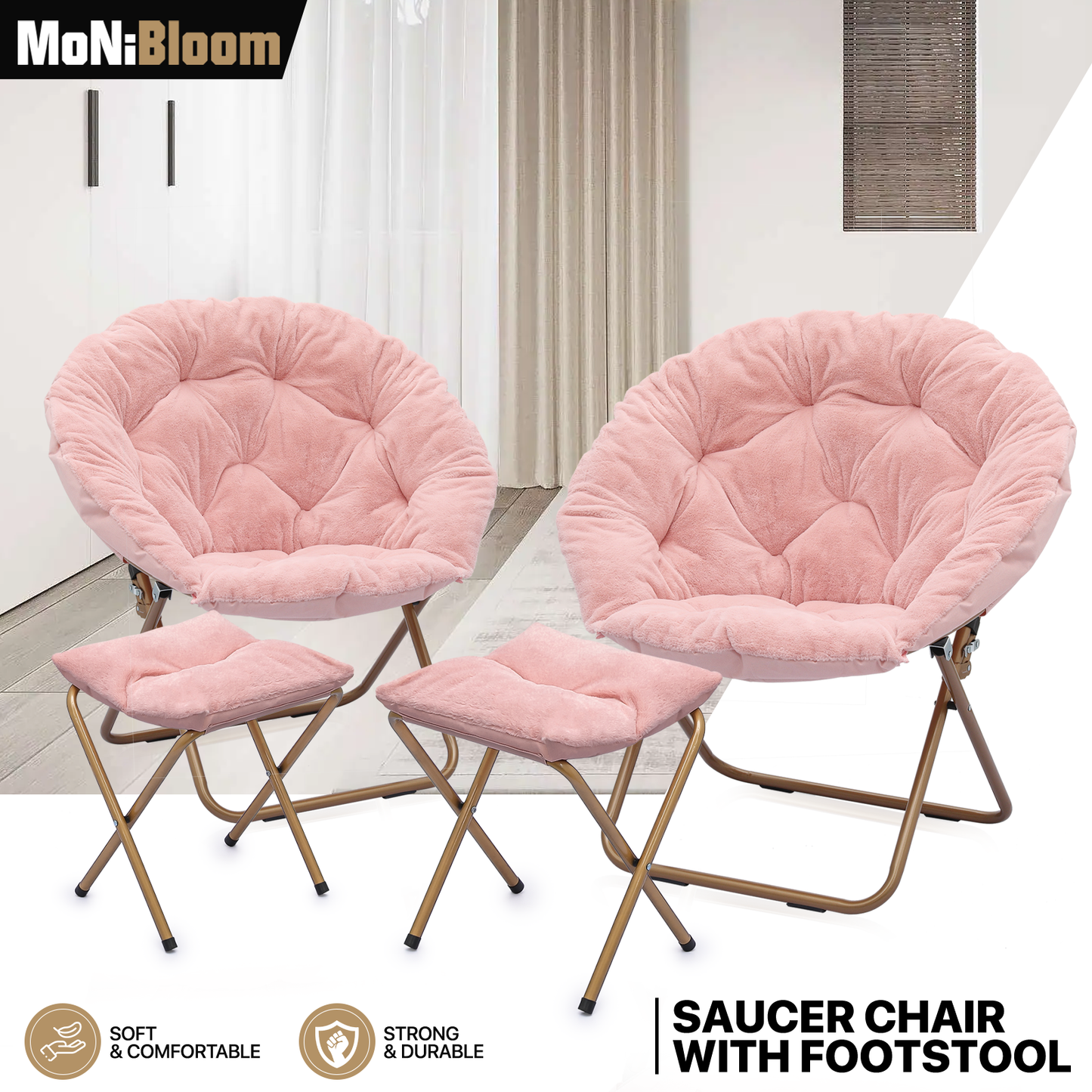 2 PCS Cozy Chair + Ottoman - Round - Faux Fur - Gold Frame