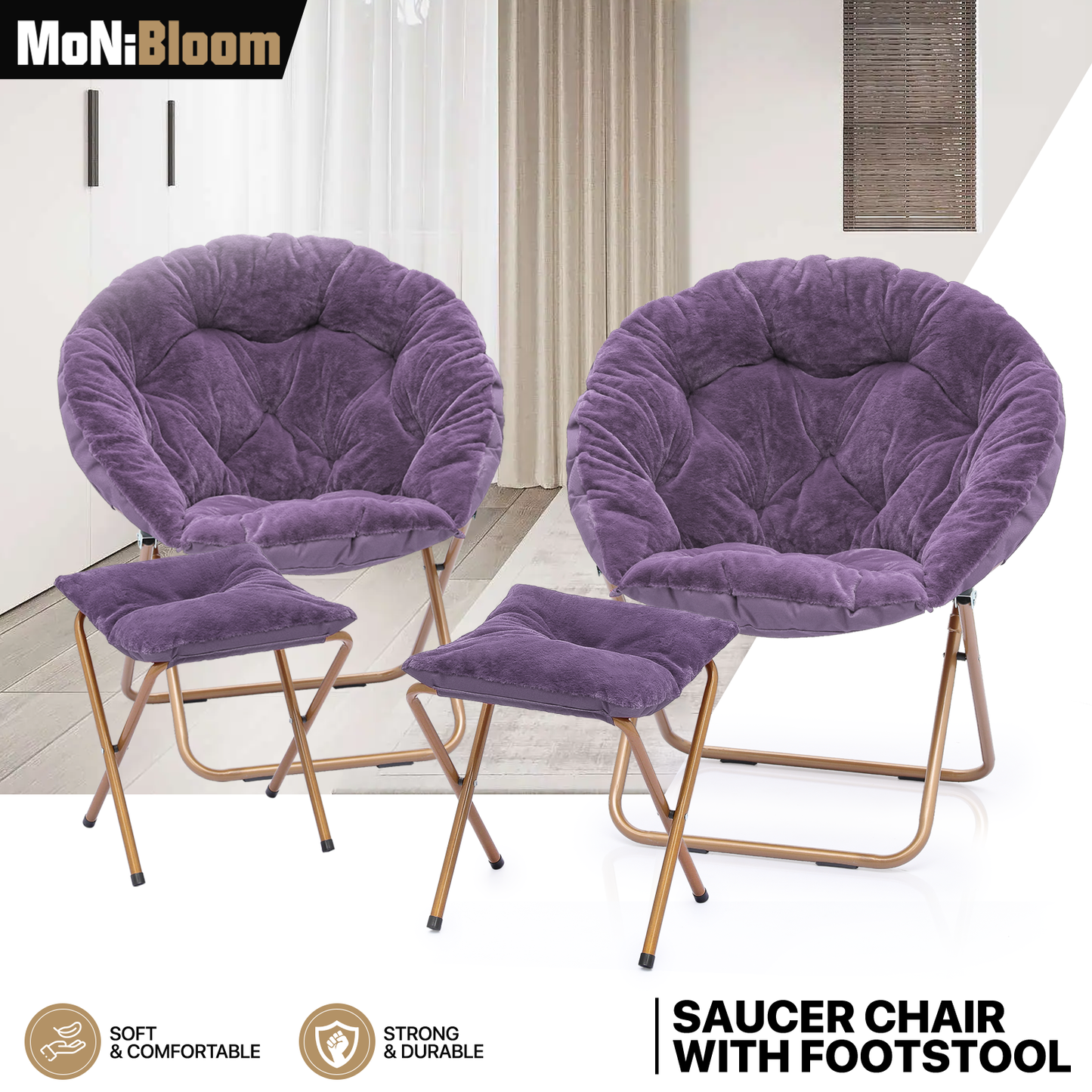 2 PCS Cozy Chair + Ottoman - Round - Faux Fur - Gold Frame