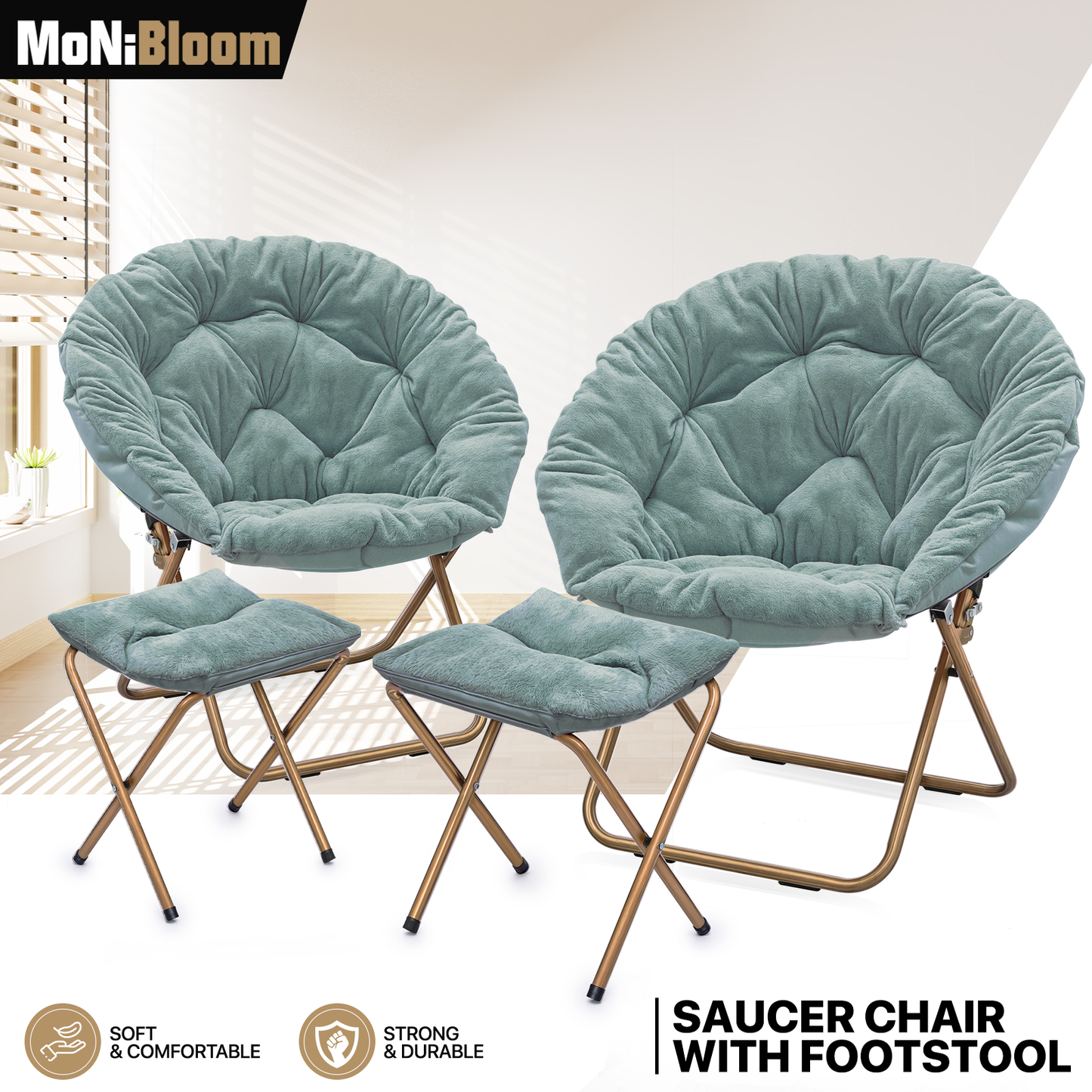 2 PCS Cozy Chair + Ottoman - Round - Faux Fur - Gold Frame