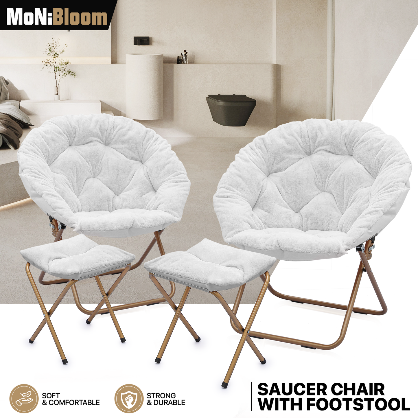 2 PCS Cozy Chair + Ottoman - Round - Faux Fur - Gold Frame