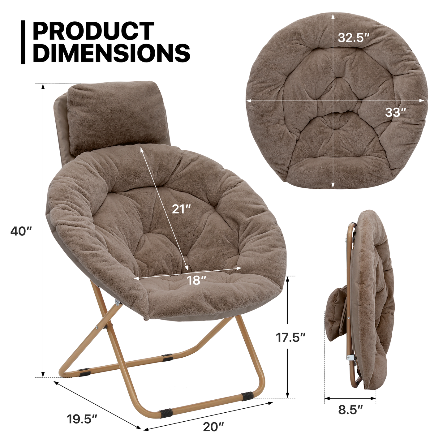 Folding Saucer Chair - Removable Headrest - 33" x 26.5" x 40"