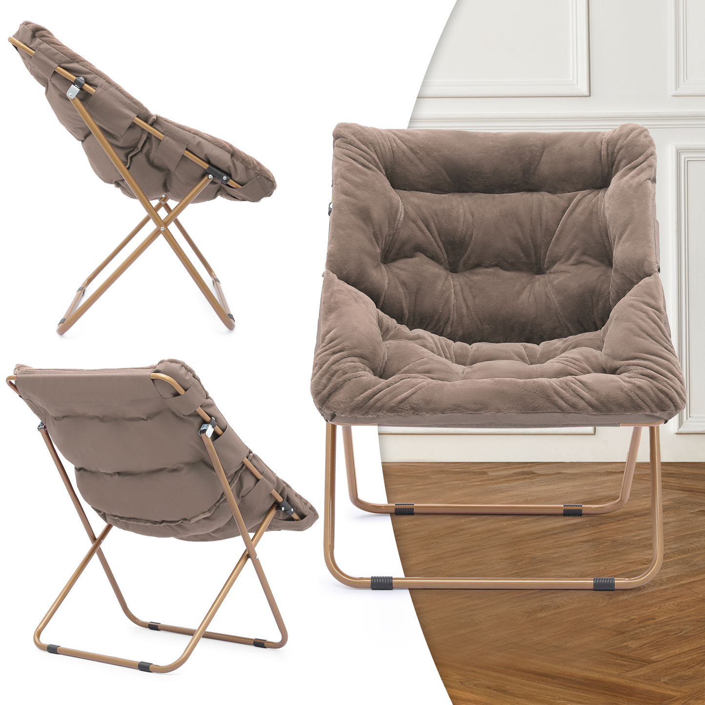 2 PCS Cozy Chair + Ottoman - Square - Faux Fur - Gold Frame