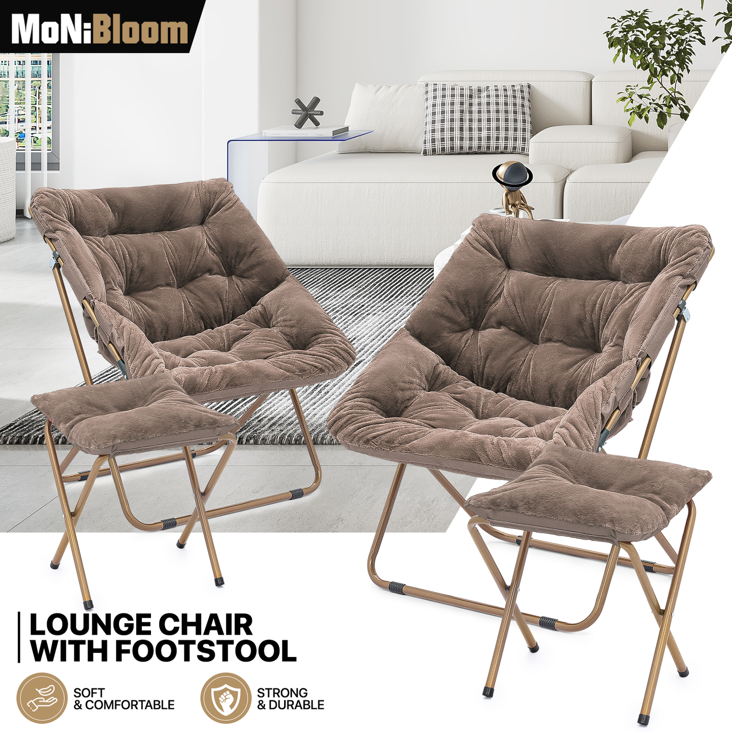 2 PCS Cozy Chair + Ottoman - Square - Faux Fur - Gold Frame