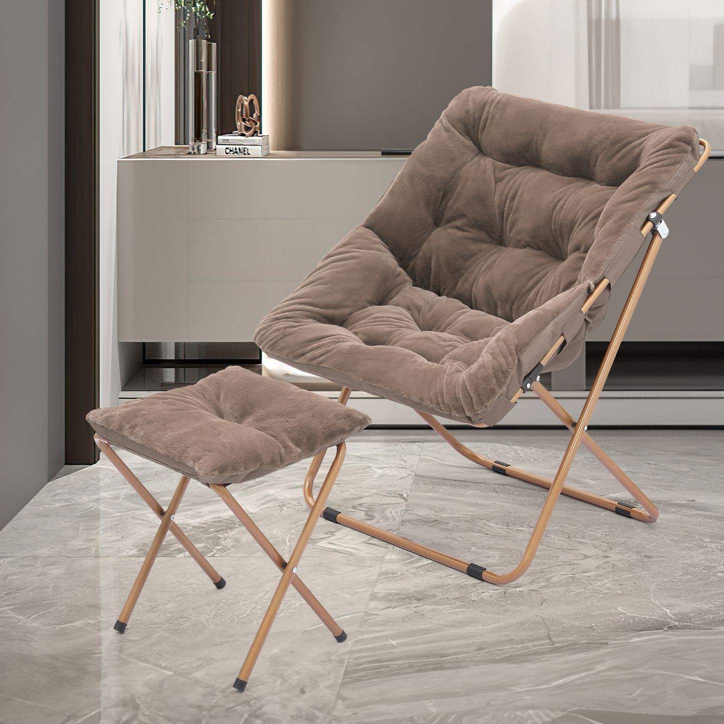 2 PCS Cozy Chair + Ottoman - Square - Faux Fur - Gold Frame