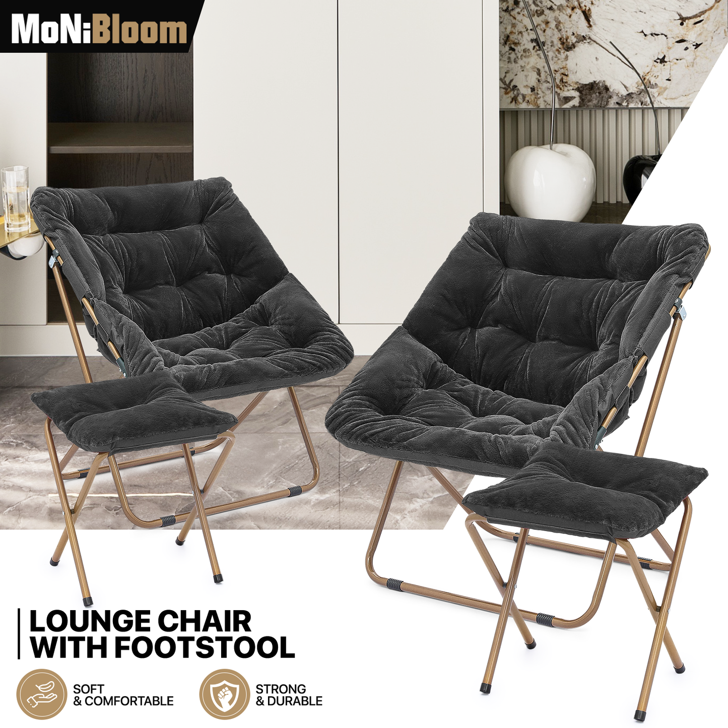 2 PCS Cozy Chair + Ottoman - Square - Faux Fur - Gold Frame