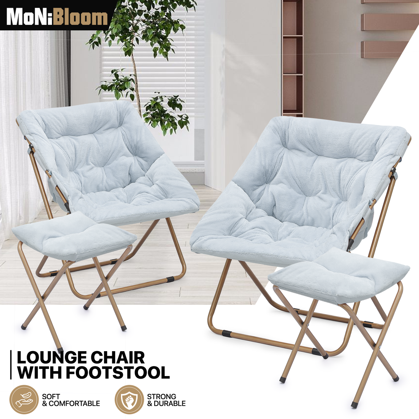 2 PCS Cozy Chair + Ottoman - Square - Faux Fur - Gold Frame