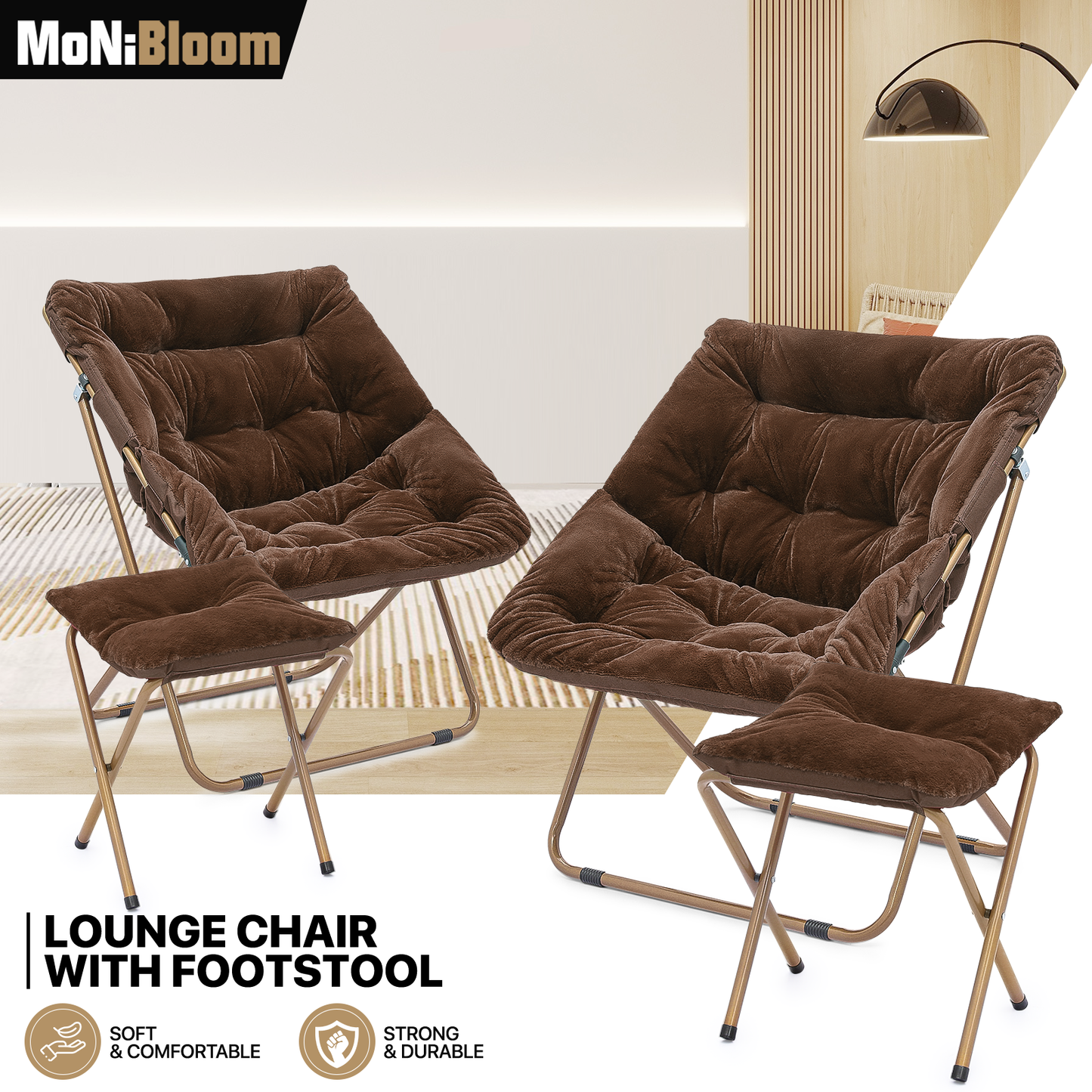 2 PCS Cozy Chair + Ottoman - Square - Faux Fur - Gold Frame