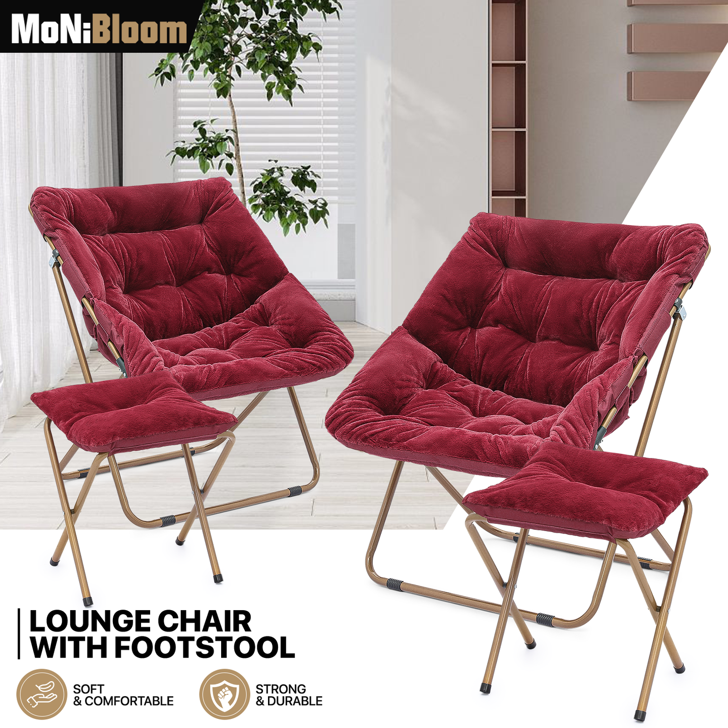 2 PCS Cozy Chair + Ottoman - Square - Faux Fur - Gold Frame