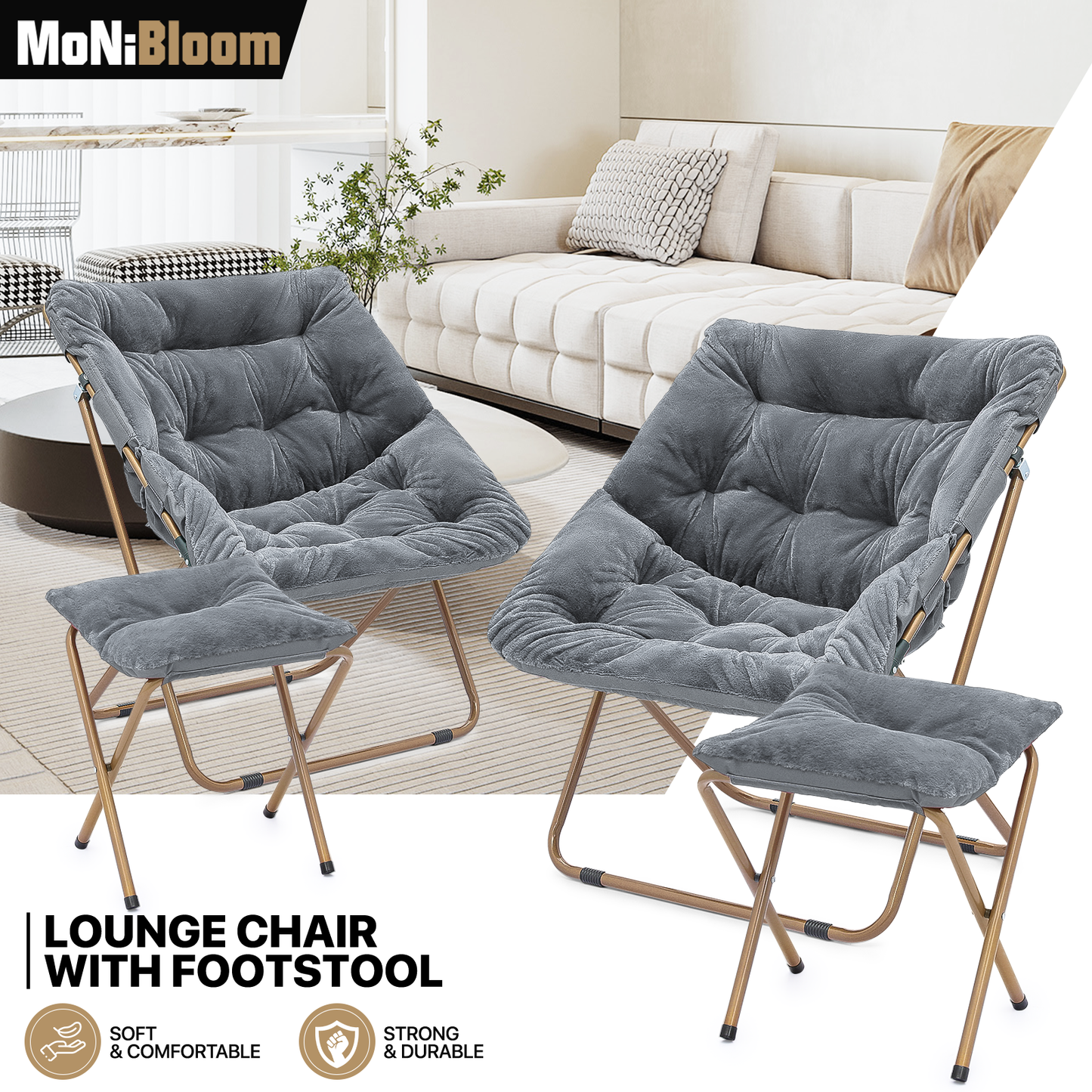 2 PCS Cozy Chair + Ottoman - Square - Faux Fur - Gold Frame