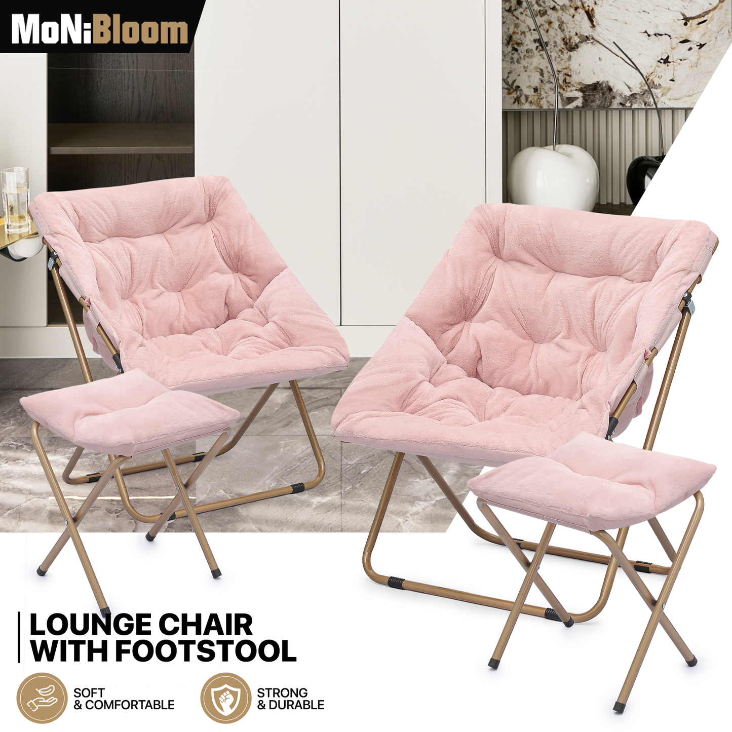 2 PCS Cozy Chair + Ottoman - Square - Faux Fur - Gold Frame