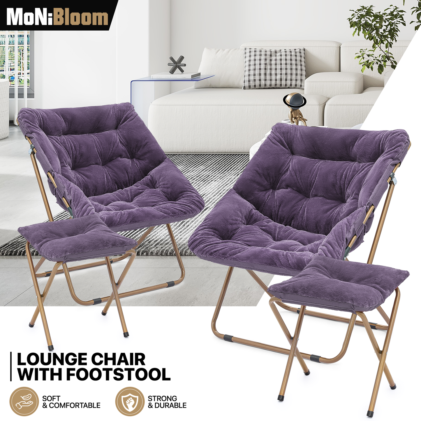 2 PCS Cozy Chair + Ottoman - Square - Faux Fur - Gold Frame