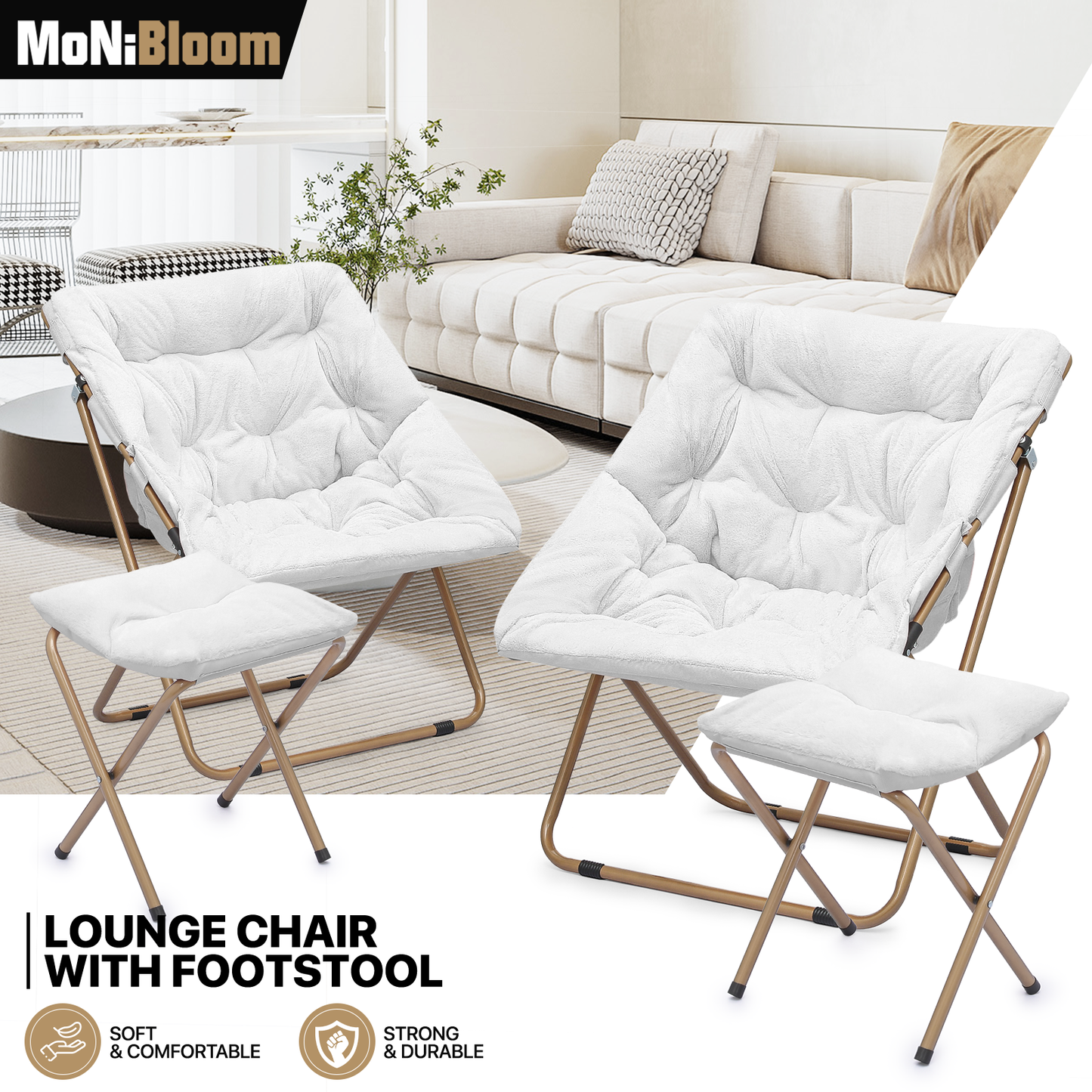 2 PCS Cozy Chair + Ottoman - Square - Faux Fur - Gold Frame