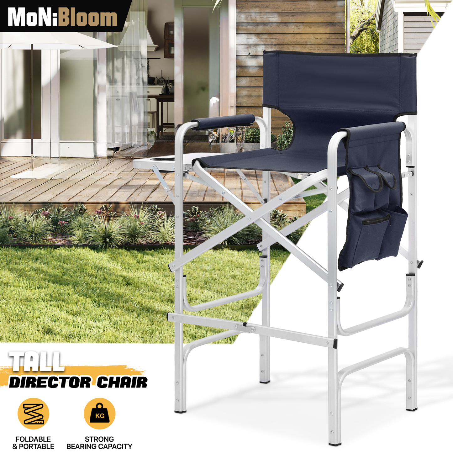 Foldable Director Chair-31" Seat Height-Cup Holder Tray+Side Pocket