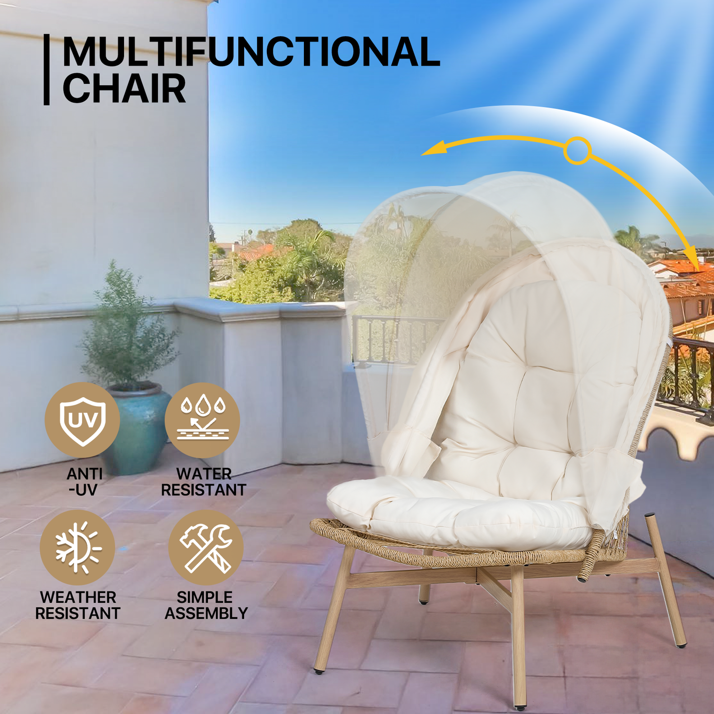 Steel Rattan Chair 250 lbs Capacity - 27.0in. L 23.0in. W 53.0in. H - w/canopy & cushion