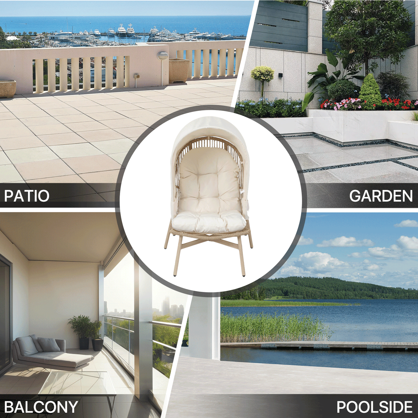 Steel Rattan Chair 250 lbs Capacity - 27.0in. L 23.0in. W 53.0in. H - w/canopy & cushion