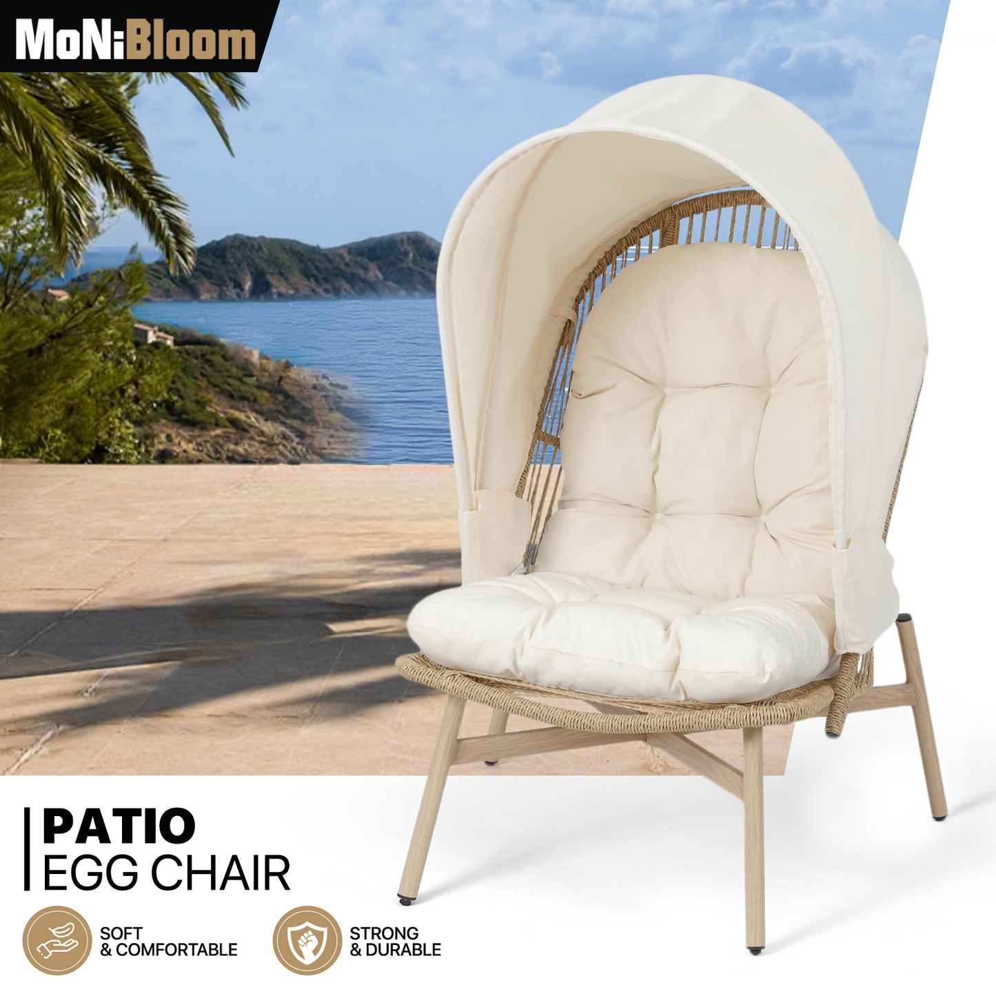 Steel Rattan Chair 250 lbs Capacity - 27.0in. L 23.0in. W 53.0in. H - w/canopy & cushion