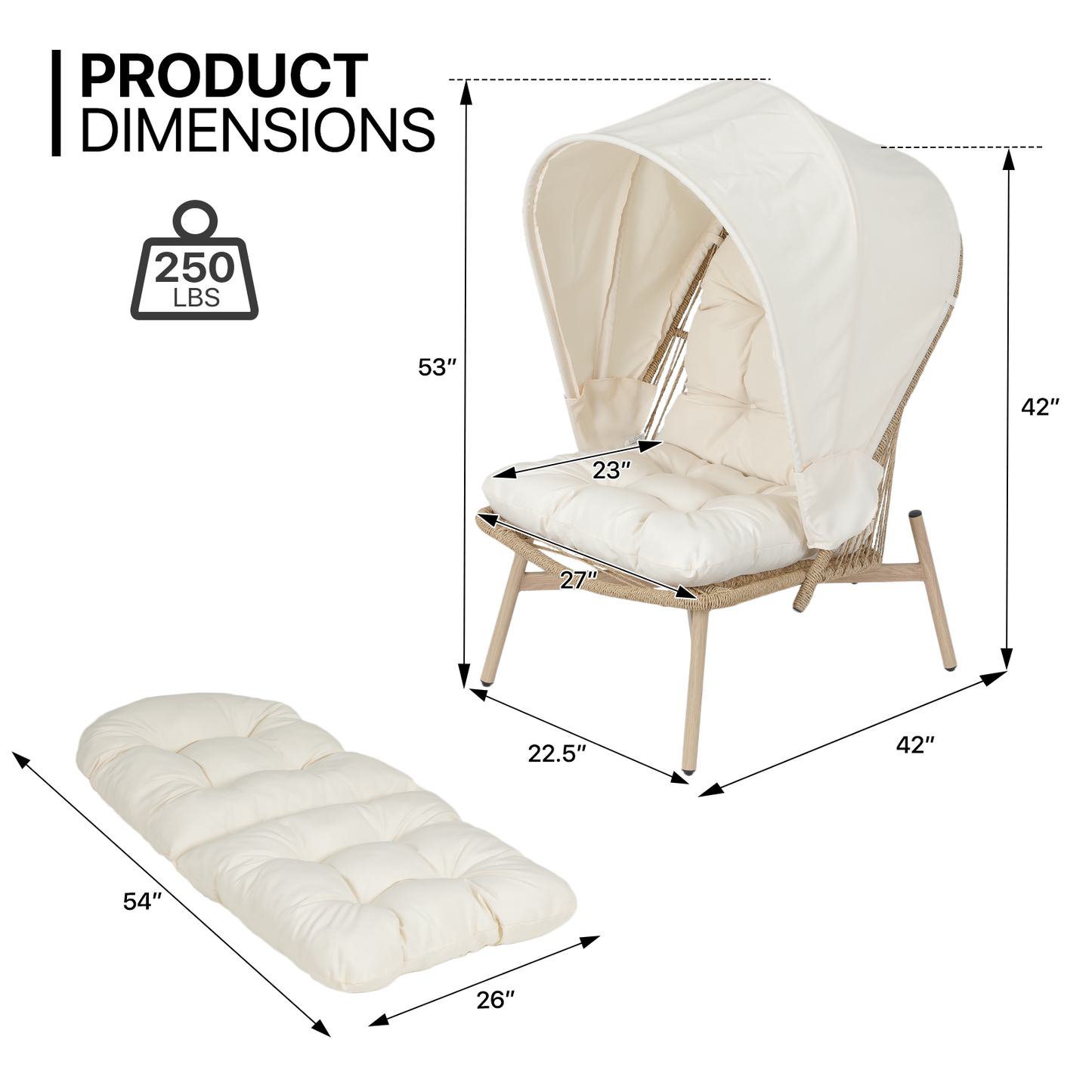 Steel Rattan Chair 250 lbs Capacity - 27.0in. L 23.0in. W 53.0in. H - w/canopy & cushion