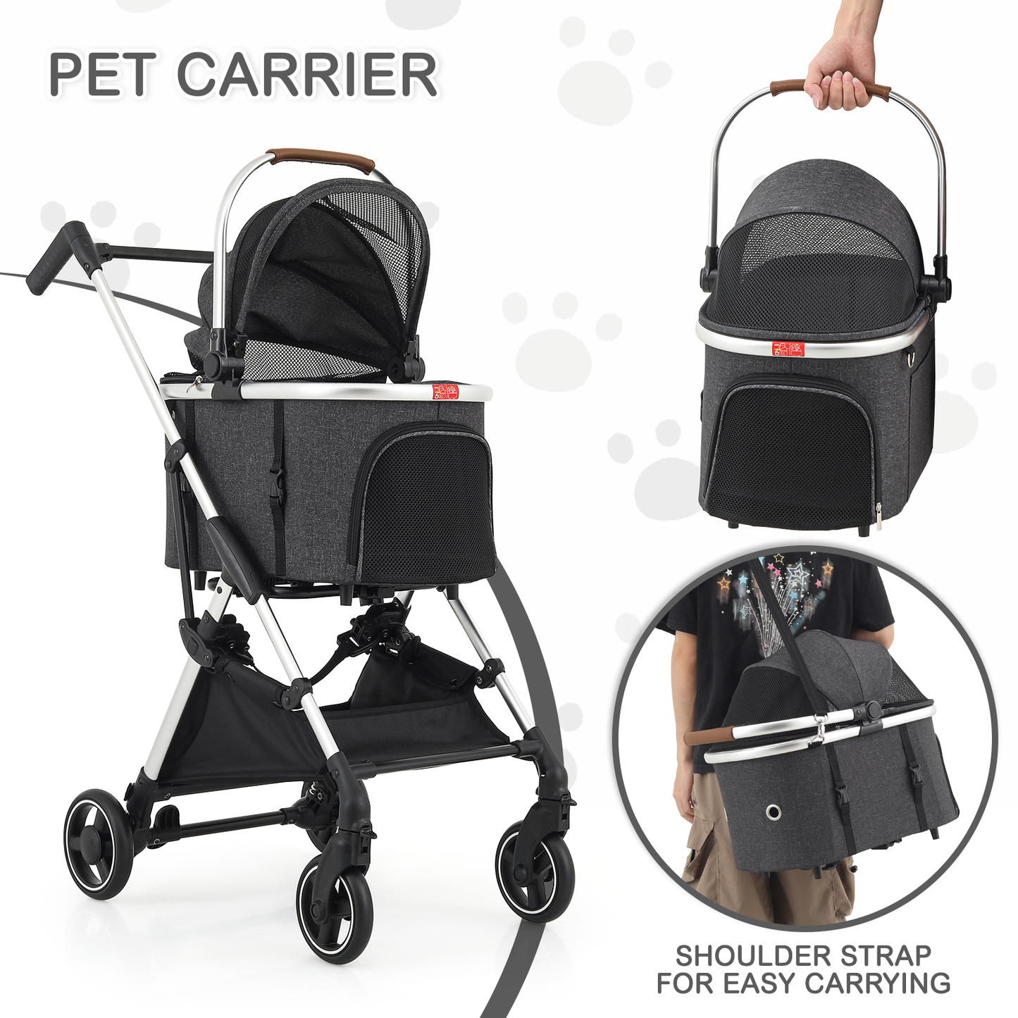 Pet Stroller 33 lbs Capacity - (L)17.5in. (W)30.0in. (H)40.5in. - Detachable Basket - Aluminum Frame - Multi-angle Handle - 4 Wheels