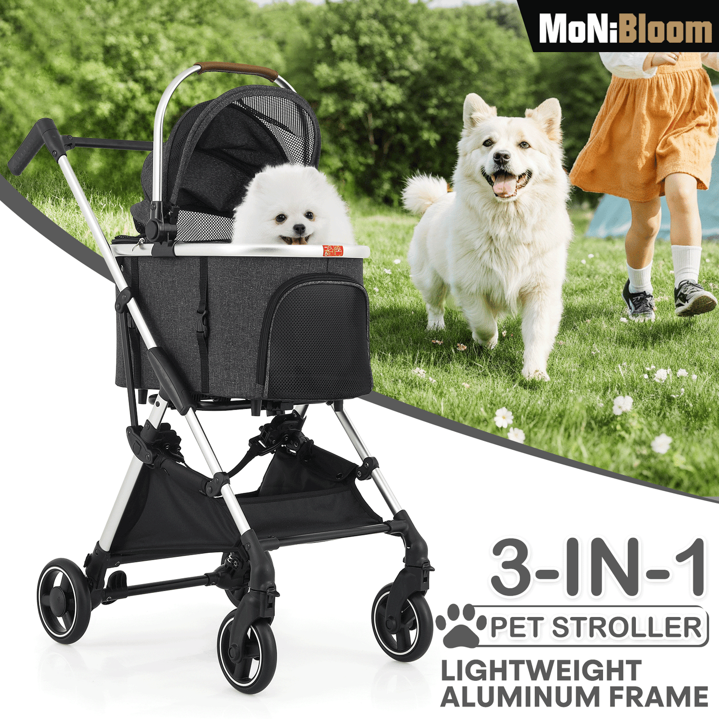 Pet Stroller 33 lbs Capacity - (L)17.5in. (W)30.0in. (H)40.5in. - Detachable Basket - Aluminum Frame - Multi-angle Handle - 4 Wheels