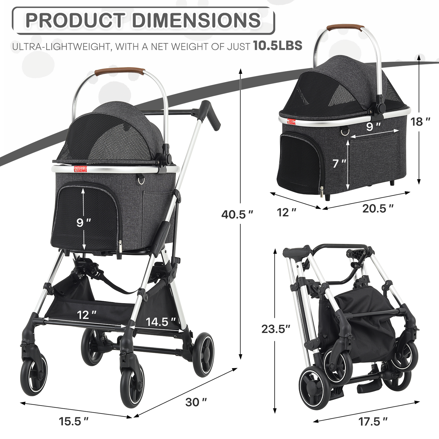 Pet Stroller 33 lbs Capacity - (L)17.5in. (W)30.0in. (H)40.5in. - Detachable Basket - Aluminum Frame - Multi-angle Handle - 4 Wheels