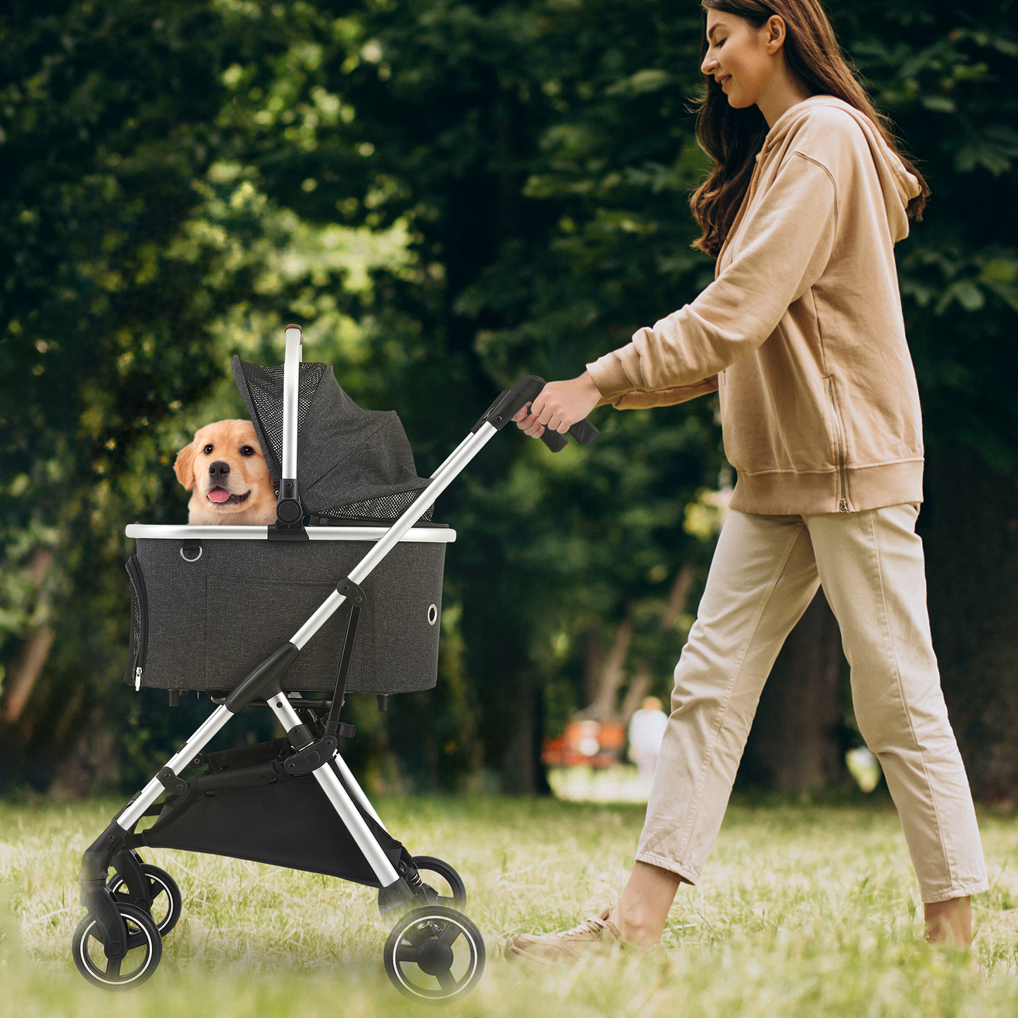 Pet Stroller 33 lbs Capacity - (L)17.5in. (W)30.0in. (H)40.5in. - Detachable Basket - Aluminum Frame - Multi-angle Handle - 4 Wheels